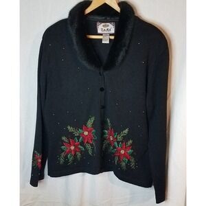 VTG Sweater Christmas Poinsettias Black‎ Beaded Pearls Button Up Cardigan Medium